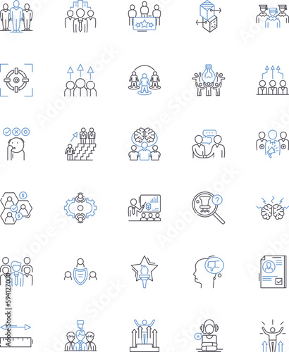 Office staff line icons collection. Productivity, Meetings, Computer, Coffee, Organized, Collaboration, Communication vector and linear illustration. Motivated,Multitasking,Professional outline signs