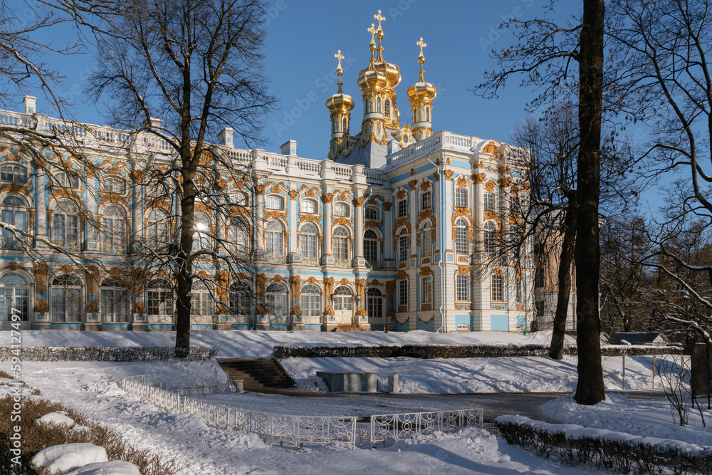 View of the Catherine Palace and the palace church in the Catherine Park of Tsarskoye Selo on a sunny winter day, Pushkin, St. Petersburg, Russia