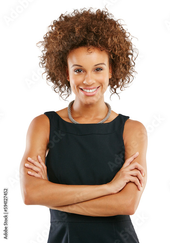 Business woman with arms crossed in portrait, success and vision with confidence isolated on transparent or png background. Corporate lawyer, female smile with professional mindset and law career