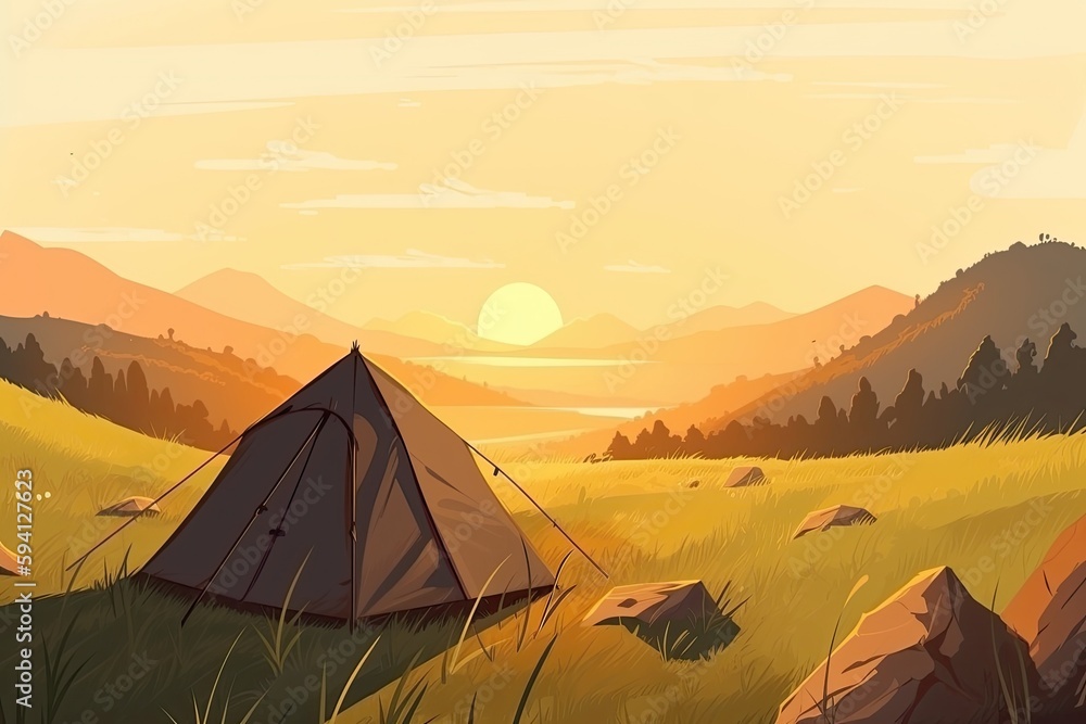 picturesque landscape featuring a tent in a field with majestic mountains in the backdrop. Generative AI