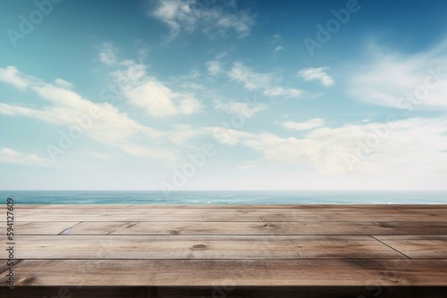 Wooden table top against a blurred background of a summer sky and sea. Copy room for your product s montage or display design. Generative AI