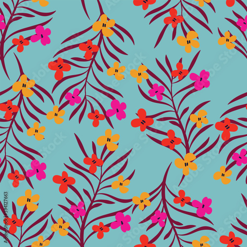 Light blue with pink, yellow-orange flowers with brick brown leaves elements seamless pattern background design.