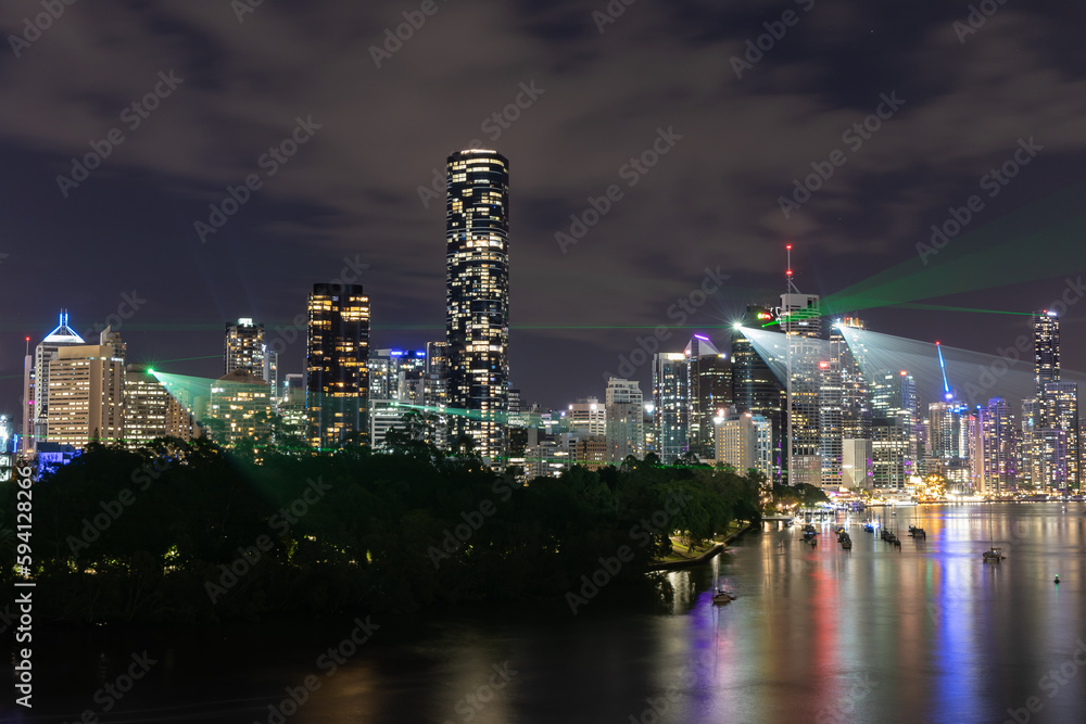 Brisbane city skyline at night with laser light show taken from Kangaroo Cliffs lookout