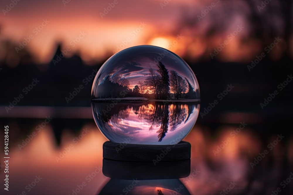 clear glass sphere resting on a wooden surface. Generative AI clear glass sphere resting on a wooden surface. Generative AI