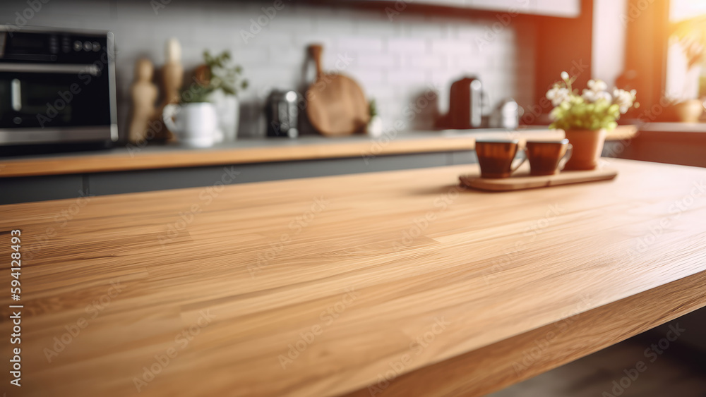 Wooden texture table top on blurred kitchen window background. For product display or design key visual layout. For showcase or montage your items (or foods). Product display mock up. Generative AI Wooden texture table top on blurred kitchen window background. For product display or design key visual layout. For showcase or montage your items (or foods). Product display mock up. Generative AI