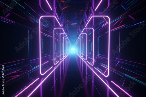 Abstract flying in futuristic corridor background, fluorescent ultraviolet light, mirror lines laser neon lines, geometric endless tunnel, 3d illustration, blue pink spectrum. Generative AI
