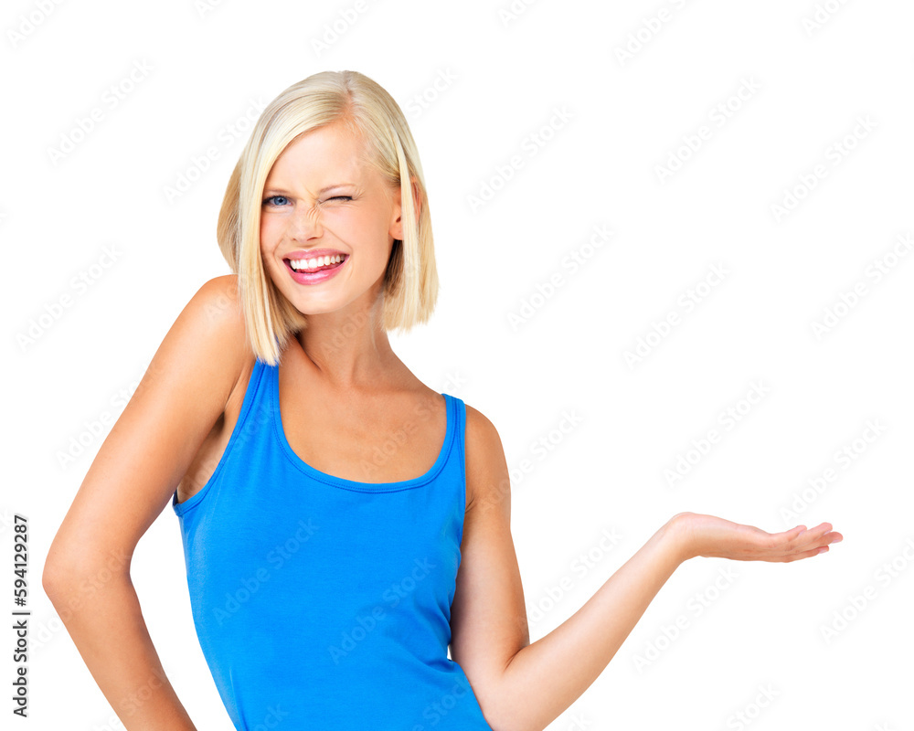 Smile, wink and woman in portrait pointing to mockup isolated on transparent png background. Happy female advertising promotion, marketing and presentation of brand news, choice and offer coming soon Smile, wink and woman in portrait pointing to mockup isolated on transparent png background. Happy female advertising promotion, marketing and presentation of brand news, choice and offer coming soon