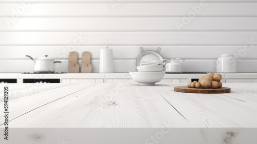 Wooden texture table top on blurred kitchen window background. For product display or design key visual layout. For showcase or montage your items  or foods . Product display mock up. Generative AI