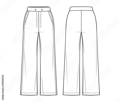 Loungewear pants fashion drawing template. with elastication, a drawstring at the waist and side pockets. relaxed style. pants fashion flat illustration. front, and back view, isolated, CAD mockup set