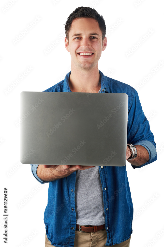 Happy, smile and laptop with portrait of man on png background for email, internet and connection. Communication, technology and online with male isolated on transparent for website, blog or research Happy, smile and laptop with portrait of man on png background for email, internet and connection. Communication, technology and online with male isolated on transparent for website, blog or research