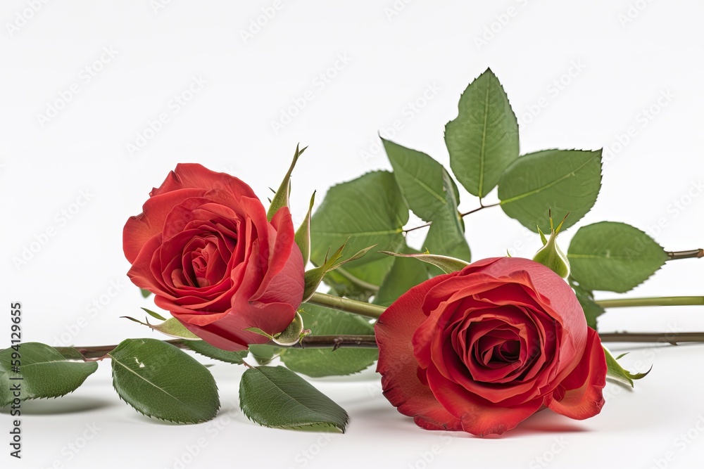 Naklejka premium two vibrant red roses with fresh green leaves on a clean white background. Generative AI