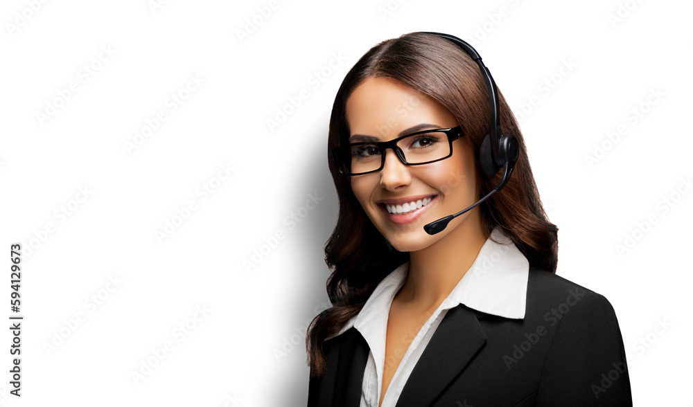 Contact Call Center Service. Customer support, sales agent. Caller answering phone operator or businesswoman in headset. Portrait of woman in eye glasses spectacles, isolated white background. Contact Call Center Service. Customer support, sales agent. Caller answering phone operator or businesswoman in headset. Portrait of woman in eye glasses spectacles, isolated white background.