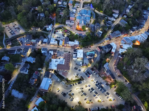 sunset and night view of small city