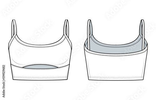 Cut out cropped Cami top fashion drawing template. with a Cut out design details. Cami top fashion flat illustration. Black outlined front view, back view, isolated in white, women's, CAD mockup set.