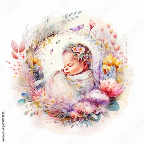 An adorable beautiful babynewborn baby to sleep fantasy painting pastel colors isolated on white background. Mother's Day or Baby Shower concept, Generative AI
