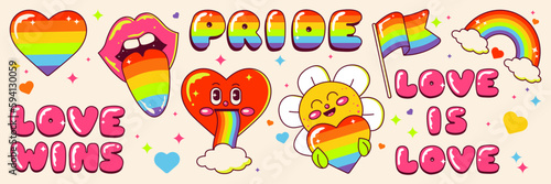 Pride LGBTQ+ icon set, LGBTQ+ related symbols and quote set in rainbow colors: Pride Flag, Heart, Rainbow, Love. Gay Pride Month. Vector illustration in retro cartoon style, groovy psychodelic colors.