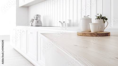 Wooden texture table top on blurred kitchen window background. For product display or design key visual layout. For showcase or montage your items  or foods . Product display mock up. Generative AI