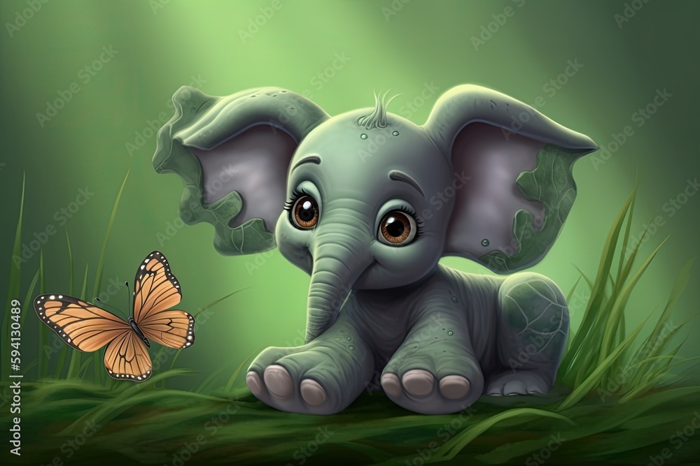 cute baby elephant enjoying the company of a delicate butterfly in the grass. Generative AI