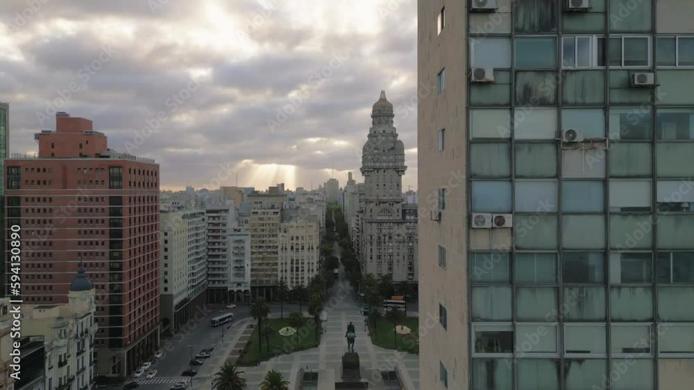 Panning drone view, downtown city square and Palacio Salvo, Montevideo, Uruguay Panning drone view, downtown city square and Palacio Salvo, Montevideo, Uruguay
