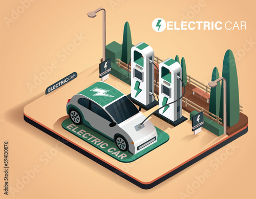 Modern electric smart suv car charging parking at the charger station with a plug in cable. Isolated flat vector illustration isometric concept on orange background. Electrified future transportation.