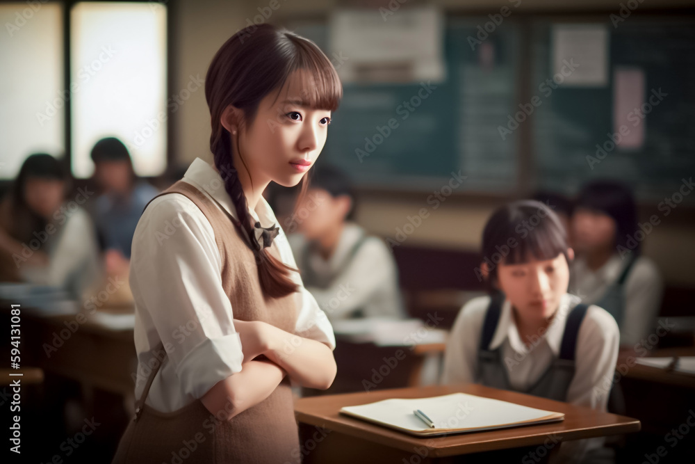 This studious Asian girl shines in the diverse atmosphere of an international secondary school with her unwavering commitment to learning. generative AI This studious Asian girl shines in the diverse atmosphere of an international secondary school with her unwavering commitment to learning. generative AI