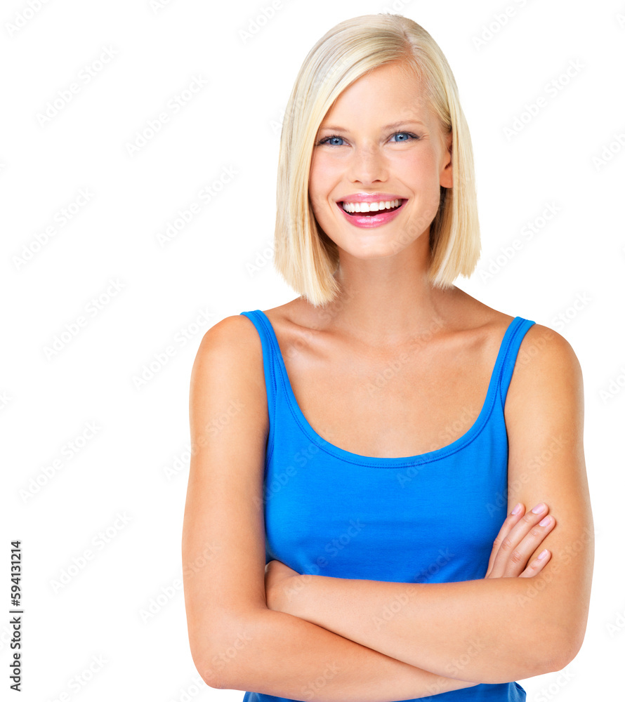 Happy, smile and portrait of woman with arms crossed, proud and relaxed. Face, girl model posing and confident with pride and joy while isolated on a transparent png background with happiness Happy, smile and portrait of woman with arms crossed, proud and relaxed. Face, girl model posing and confident with pride and joy while isolated on a transparent png background with happiness