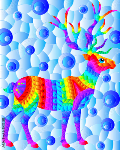 Stained glass illustration with abstract bright deer  animal on a blue background  rectangular image