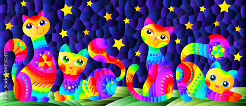 An illustration in the style of a stained glass window with bright cartoon cats on the background of the night starry sky