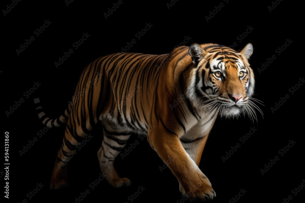 Fototapeta premium majestic tiger walking on a black background. Generative AI