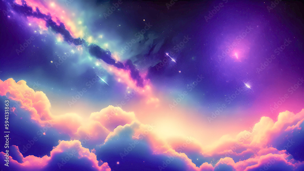 Colorful sky and clouds glitter illustration background with stars