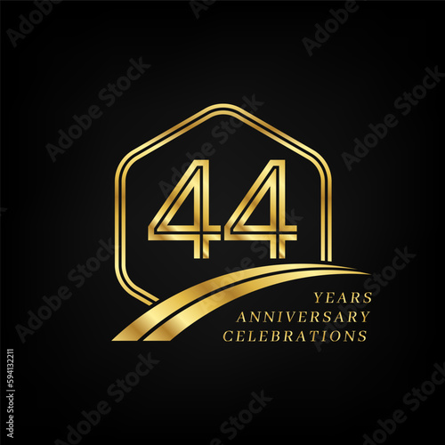 44 years anniversary. Lined gold hexagon and curving anniversary template.