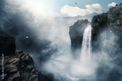sparkling waterfall cascading down a rocky mountain, surrounded by a sea of clouds. AI generation. Generative AI