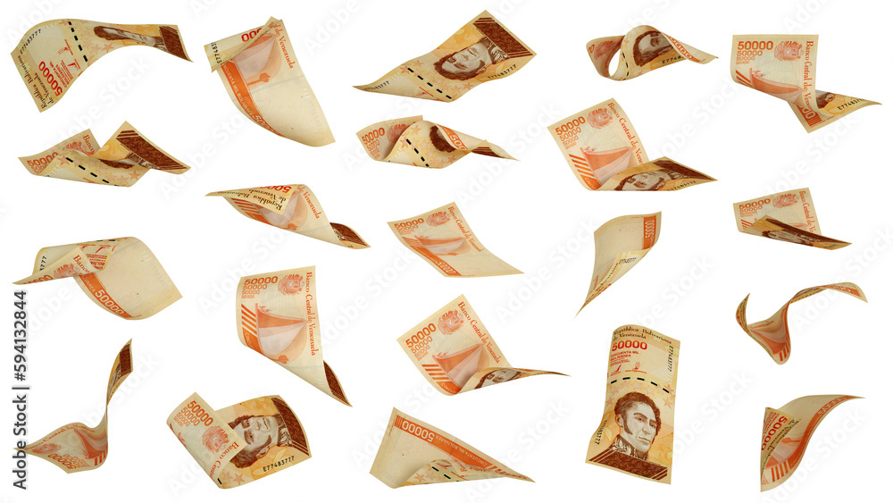 3D rendering of set of Venezuelan bolivar notes flying in different angles and orientations isolated on transparent background