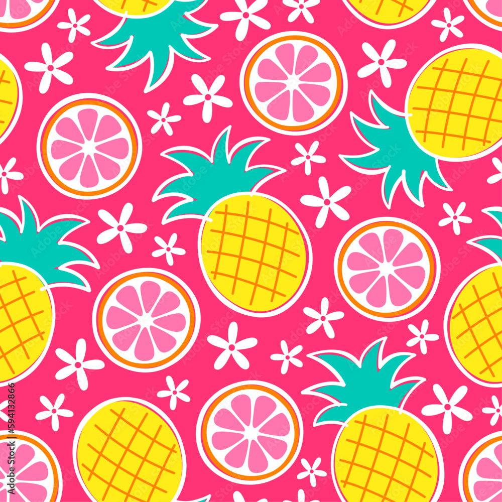 Colorful pineapple, grapefruit and flower seamless pattern for summer holidays background.