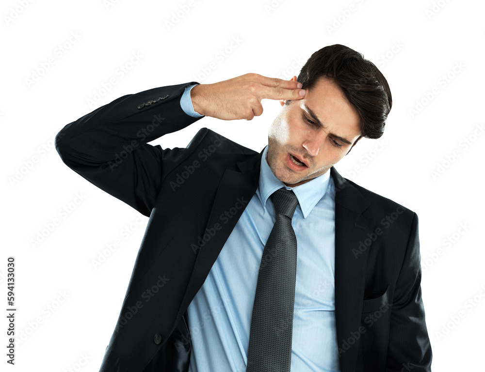 Business man, gun gesture and isolated on transparent, png background for depression, mental health risk and stress. Frustrated corporate person, entrepreneur or employee shooting his head with hand Business man, gun gesture and isolated on transparent, png background for depression, mental health risk and stress. Frustrated corporate person, entrepreneur or employee shooting his head with hand