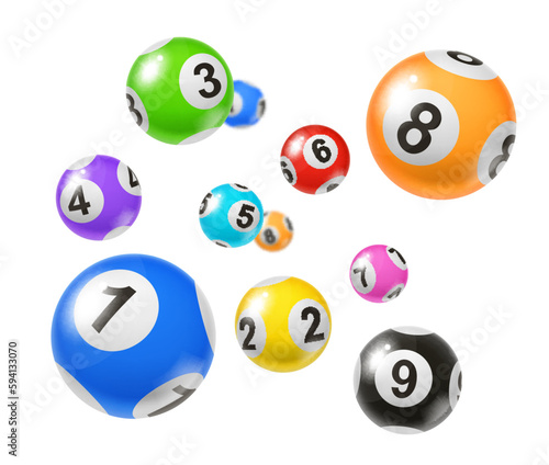 Bingo lottery balls, isolated 3d vector set of numbered spheres. Colorful flying lotto balls bounce and spin, dropping and falling randomly, bringing hopeful winning possibilities to lucky players
