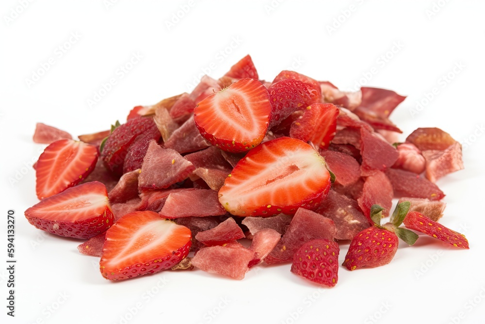 sliced strawberries and crispy bacon arranged on a white background. Generative AI sliced strawberries and crispy bacon arranged on a white background. Generative AI