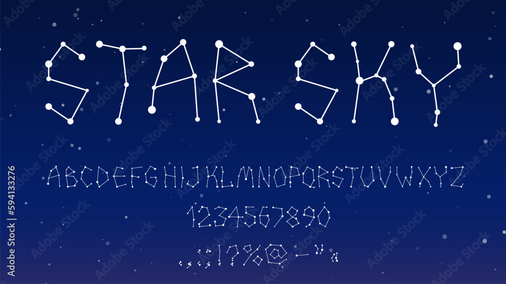 Star space font type, starry typeface or galaxy alphabet, vector letters constellation. Stars font type or typography typeset with zodiac constellation of ABC alphabet in connected stars in sky