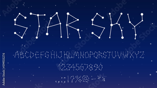 Star space font type, starry typeface or galaxy alphabet, vector letters constellation. Stars font type or typography typeset with zodiac constellation of ABC alphabet in connected stars in sky