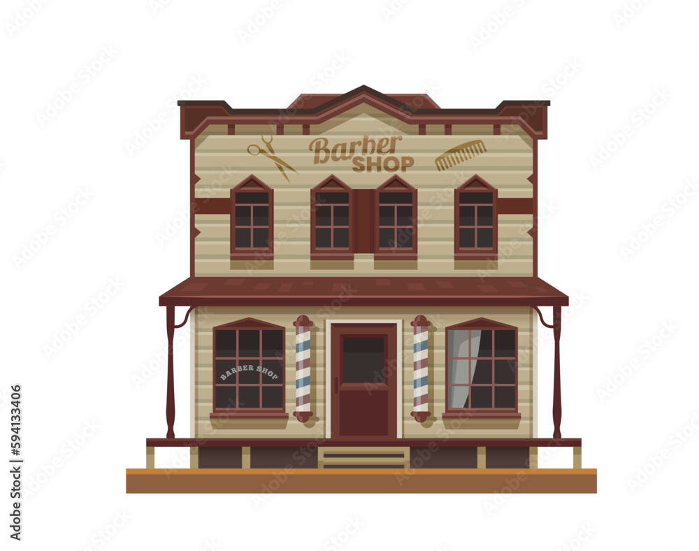 Western Wild West barber shop town building. Cartoon old wood house of vector hair salon with retro barbershop pole, hairdresser scissors and comb vintage signboard, wooden door, windows and porch