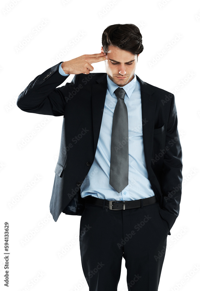 Depression, stress and businessman with finger gun for problem, mistake or mental health. Anxiety, suicide and young executive depressed after business fail isolated on a transparent png background Depression, stress and businessman with finger gun for problem, mistake or mental health. Anxiety, suicide and young executive depressed after business fail isolated on a transparent png background