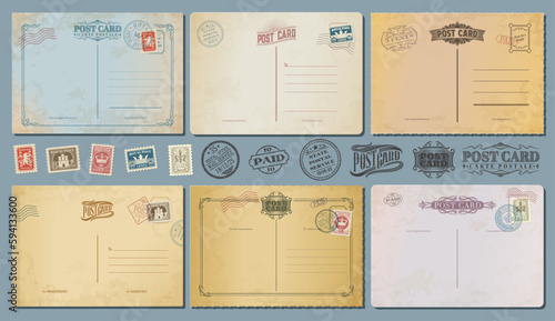 Antique postcards, retro postage stamps and vintage mail card, vector old postal backgrounds. Antique postcards and paper post letters in grunge frames, blank retro mail cards with airmail postage