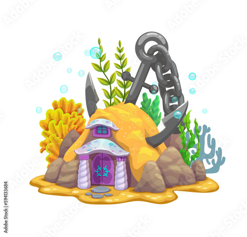 Cartoon underwater anchor fairy house. Vector building of ocean and sea bottom fantasy world. Cute sand and rock house, home or dwelling of mermaid with corals, seaweeds, seashells, chain and anchor