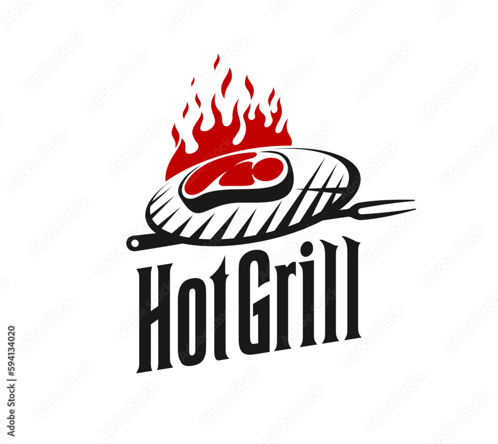 BBQ grill icon for barbecue restaurant, steak bar or steakhouse menu