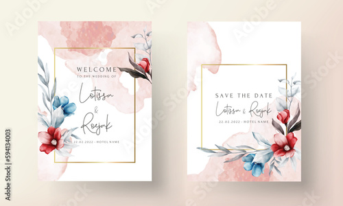 wedding invitation card template with red and blue flowers floral frame watercolor