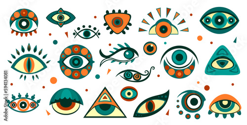 Magical witchcraft eyes and magic mystic symbols, vector spiritual esoteric amulet icons. Magic evil eyes with pattern print, witchcraft, protection talisman and ethnic traditional ornament of eyes
