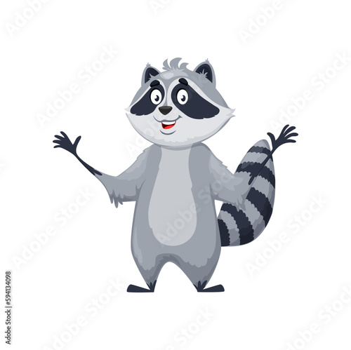 Raccoon cartoon character or cute funny animal, vector raccoon with happy face. Baby adorable mascot animal, happy raccoon with black mask and paws with smile on face with emoji expression
