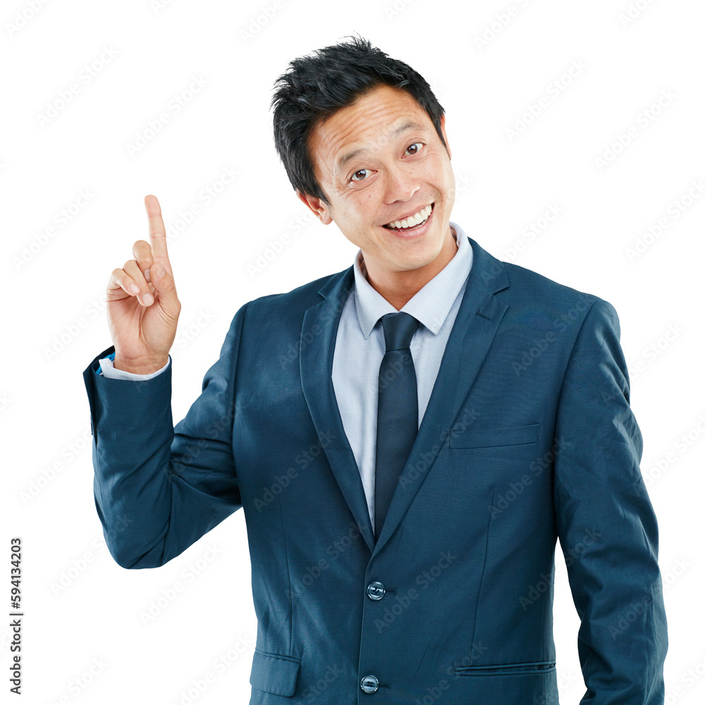 Portrait, pointing and PNG with a business man on a transparent background to promote a company. Happy, smile and hand gesture with a confident male asian employee showing a product, brand or logo Portrait, pointing and PNG with a business man on a transparent background to promote a company. Happy, smile and hand gesture with a confident male asian employee showing a product, brand or logo