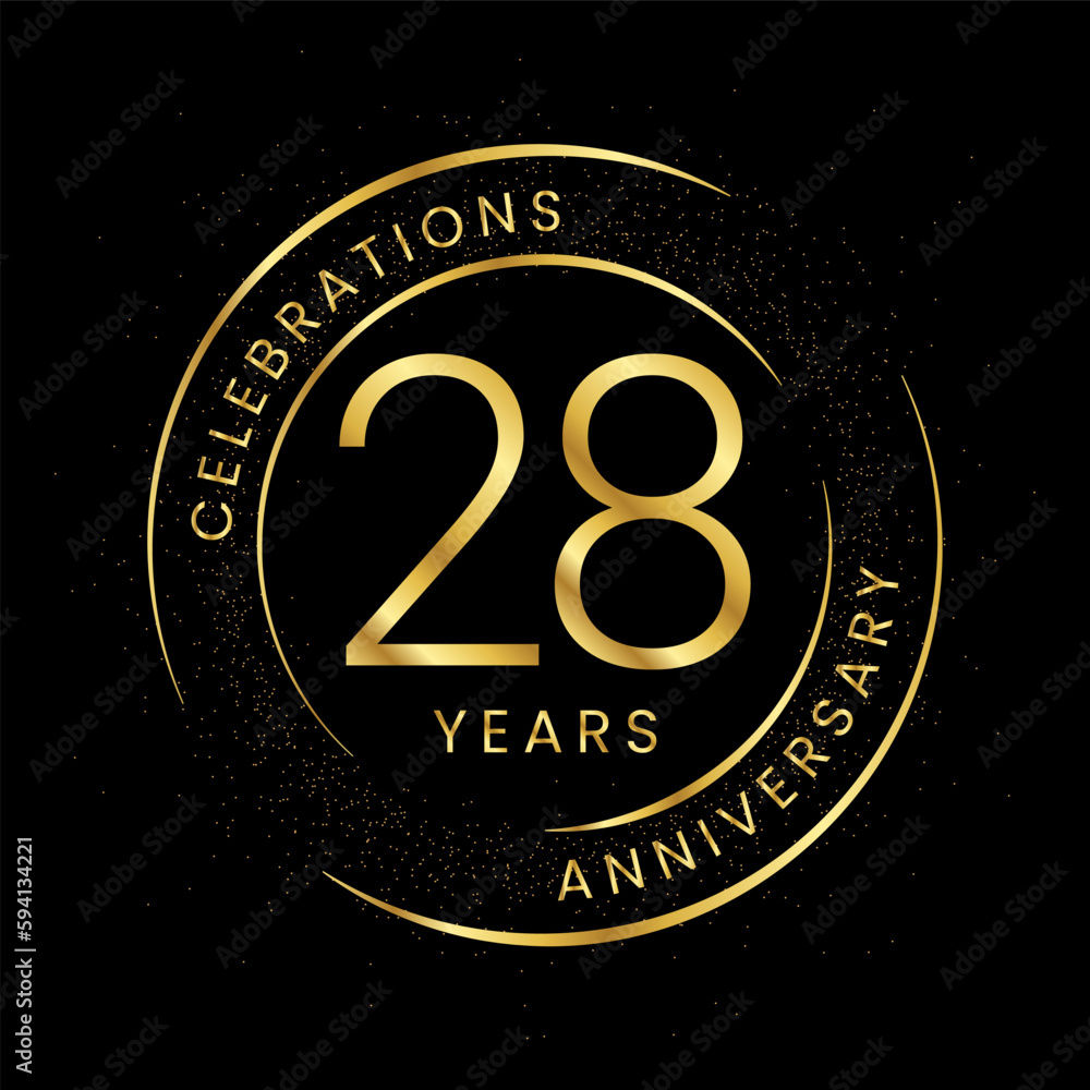 28th anniversary, golden anniversary with a circle, line, and glitter on a black background. 28th anniversary, golden anniversary with a circle, line, and glitter on a black background.