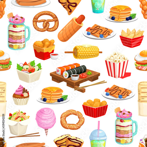 Cartoon fast food seamless pattern. Vector background of egg burger, hot dog, popcorn, chicken nuggets and legs, fast food snacks and drinks. Chinese noodles and sushi rolls, mexican churros and corn